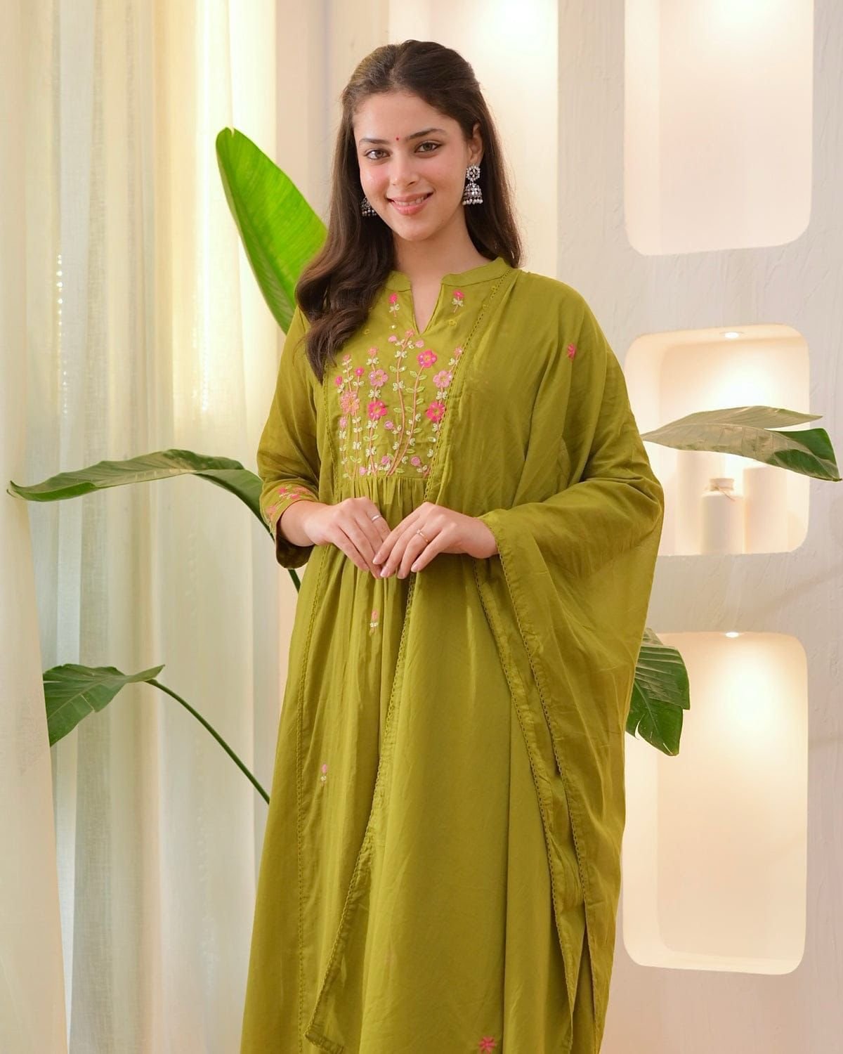 Green Cotton Embroidered Kurti Set with Pant & Dupatta